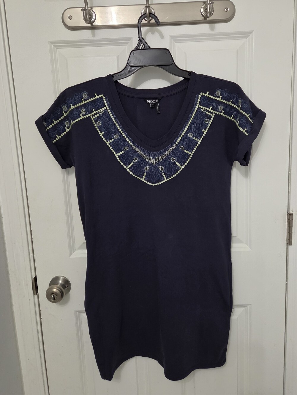 NIC+ZOE V-Neck Embroidered Short Sleeve T-Shirt Mini Shift Dress Navy Blue - XS